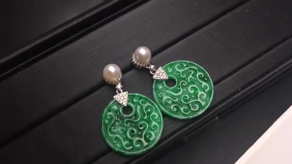 Akoya Pearl & Natural Burmese Spicy Green Jadeite A Earrings 18k Gold w/ Diamond